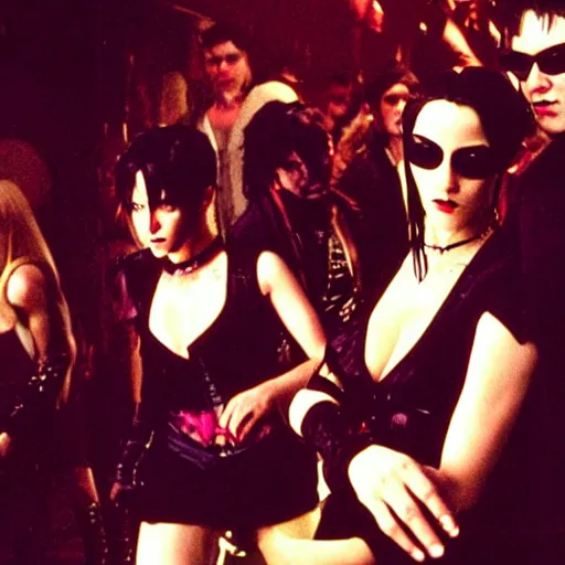 Image similar to High quality realistic photo of goths from the nightclub scene in the Matrix, 1999, dancing in a gothic nightclub. Kodak Ektar, 200 ISO, full length shot, beautiful & realistic faces, Bill Henson style chiaroscuro lighting, 90s cyberpunk anime style colour palette.