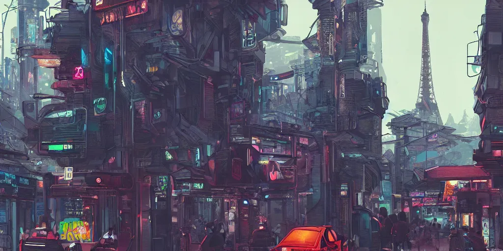 Image similar to a utopian futuristic cyberpunk paris street, trending on artstation.