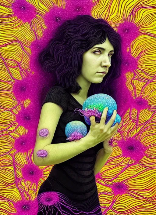 Prompt: hyper detailed 3d render like a Oil painting - Ramona Flowers with wavy black hair wearing thick mascara seen out Eating of the Strangling Suffocating network of colorful yellowcake and aerochrome and milky and Her staring intensely delicate Hands hold of gossamer polyp blossoms bring iridescent fungal flowers whose spores black the foolish stars by Jacek Yerka, Mariusz Lewandowski, silly playful fun face, Houdini algorithmic generative render, Abstract brush strokes, Masterpiece, Edward Hopper and James Gilleard, Zdzislaw Beksinski, Mark Ryden, Wolfgang Lettl, Dan Hiller, hints of Yayoi Kasuma, octane render, 8k