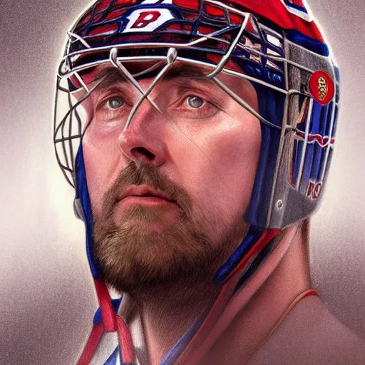 Image similar to beautiful portrait of Patrick Roy as a hockey coach, fantasy, intricate, elegant, highly detailed, digital painting, artstation, concept art, smooth, sharp focus, luxury fashion illustration, art by artgerm and greg rutkowski and alphonse mucha, brightly lit cinematic soft lighting, photorealistic