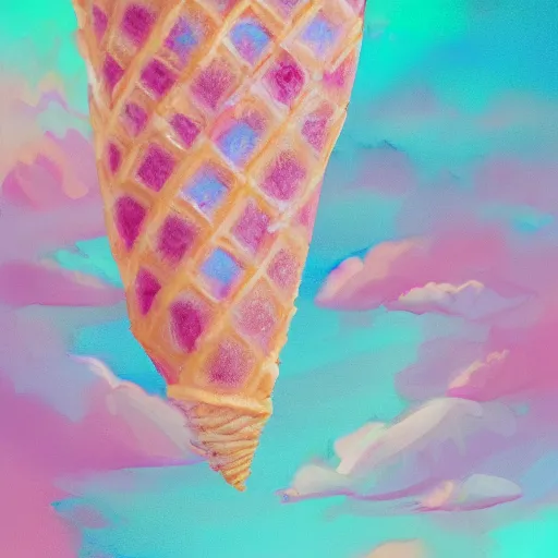 Prompt: happy smiling pink ice cream sky blue waffle cone, high definition, anthro, beautiful mystical digital classic inspired rendered painting