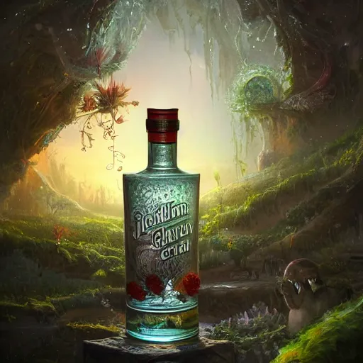 Image similar to A bottle of Gin, filled with tiny creatures, garden, summer, 8k resolution matte fantasy painting, cinematic lighting, DeviantArt, Artstation, Jason Felix Steve Argyle Tyler Jacobson Peter Mohrbacher