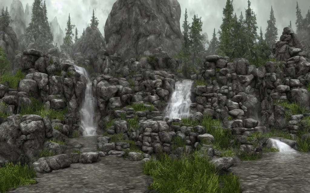 Prompt: a waterfall that flows from a large mountain, a path composed of stone arches, rain, fog, gray clouds. skyrim render realistic