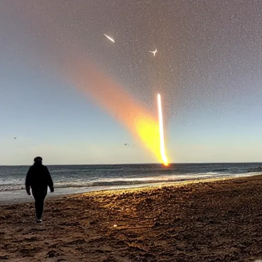 Image similar to asteroid shower in the sky while walking the dog on a beach