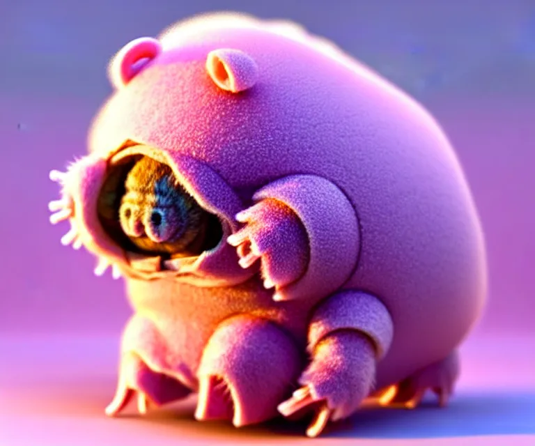 Image similar to high quality 3 d render hyperrealistic very cute small tardigrade, plush mascot, short spiky dense fluffy smooth hair, photo from the side, pink fluffy fur, 1 5 0 mm, beautiful natural soft light, rim light, vray, smooth background, artstation, ultra detailed