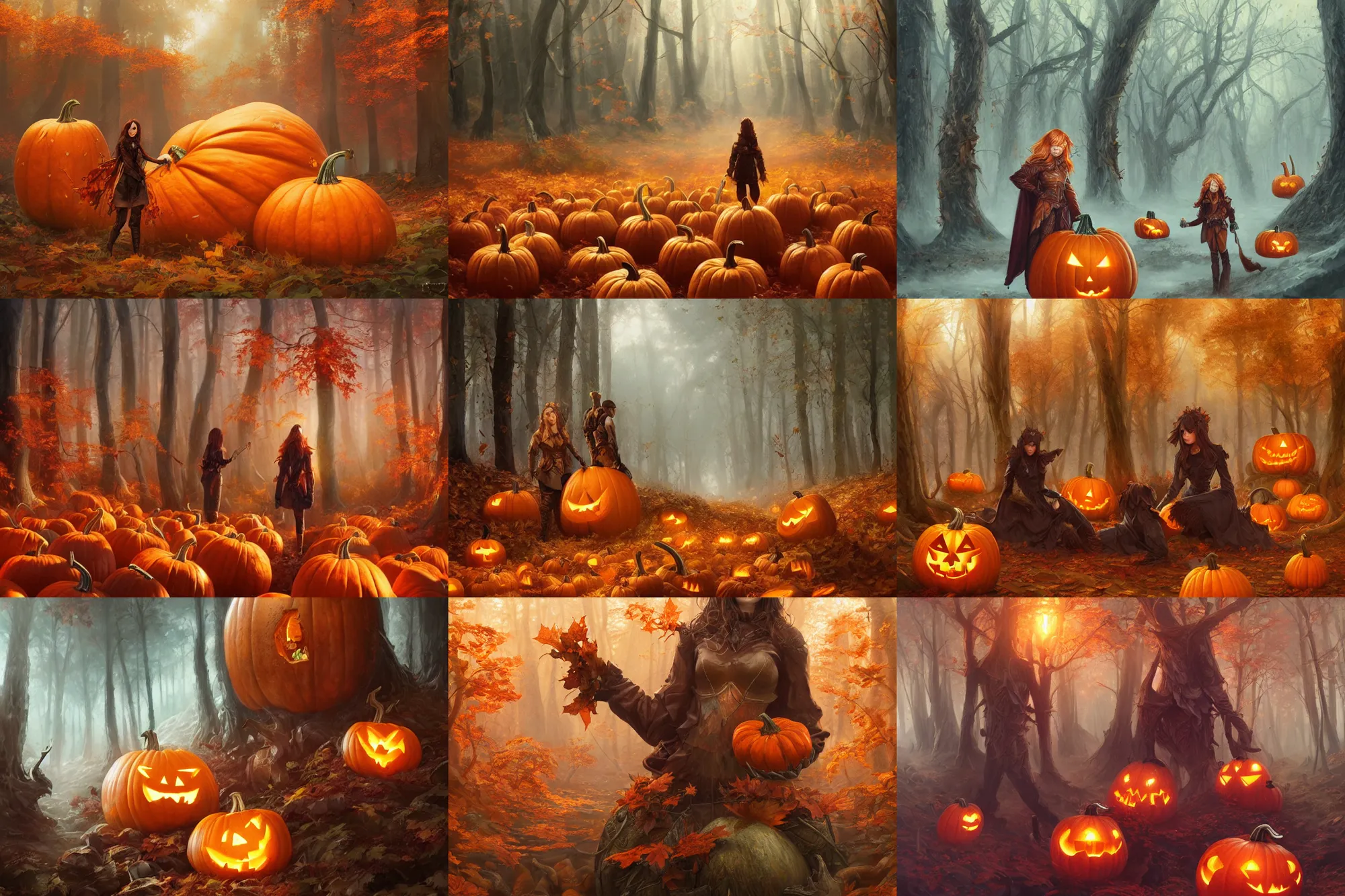 Prompt: autumnal pumpkin forest, d & d, fantasy, portrait, highly detailed, digital painting, trending on artstation, concept art, sharp focus, illustration, art by artgerm and greg rutkowski and magali villeneuve