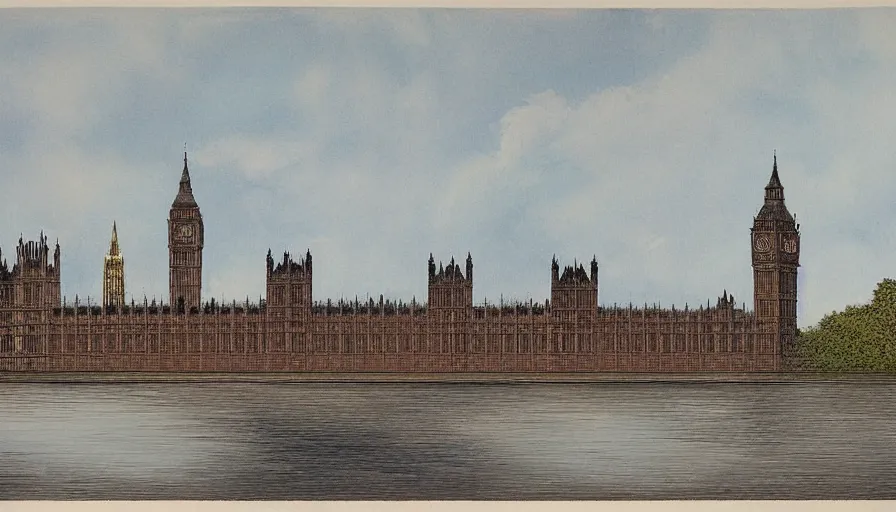 Prompt: Palace of Westminster, illustrated by Bob Ross, very detailed