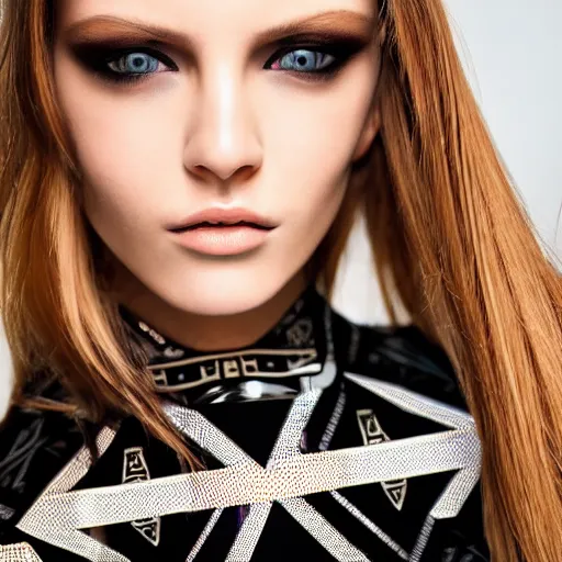 Image similar to close up of the face of a female fashion model, model wearing a geometric black dress with circuit print, photography , official versace editorial , highly detailed