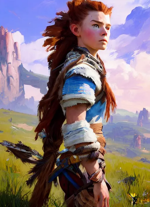 Image similar to portrait of a american Aloy from Horizon Zero Dawn in the style of League of Legends practicing, countryside, calm, fantasy character portrait, dynamic pose, above view, sunny day, thunder clouds in the sky, artwork by Jeremy Lipkin and Giuseppe Dangelico Pino and Michael Garmash and Rob Rey and Huang Guangjian, face by Fernanda Suarez and Greg Manchess, very coherent asymmetrical artwork, sharp edges, perfect face, simple form, 100mm