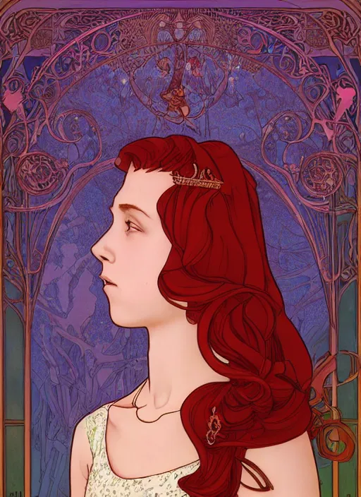 Prompt: well - lit art nouveau portrait of a 1 3 - year old girl who resembles millie bobby brown with red hair as a princess with intricate, ornate jewelry, natural lighting, path traced, highly detailed, high quality, cartoon, digital painting, by don bluth and ross tran and studio ghibli and alphonse mucha