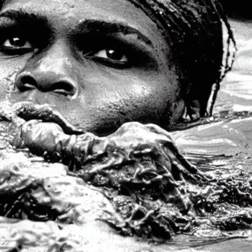 Image similar to film still, close up, serena williams rising out of muddy vietnam river, face covered in mud, low camera angle at water level, night time, film still from apocalypse now ( 1 9 7 9 ), 2 6 mm.