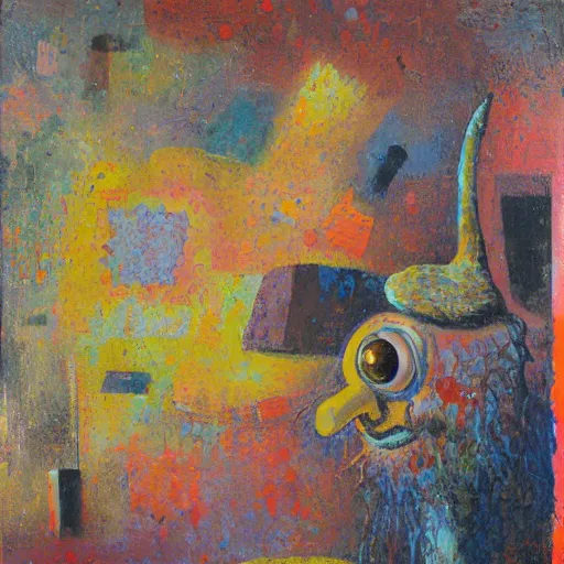 Image similar to a detailed impasto painting by shaun tan and dr seuss of an abstract forgotten sculpture by the caretaker and ivan seal