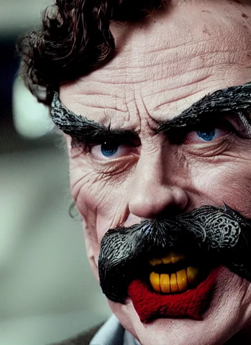 Image similar to film still of tom selleck as the joker in the dark knight, 4 k