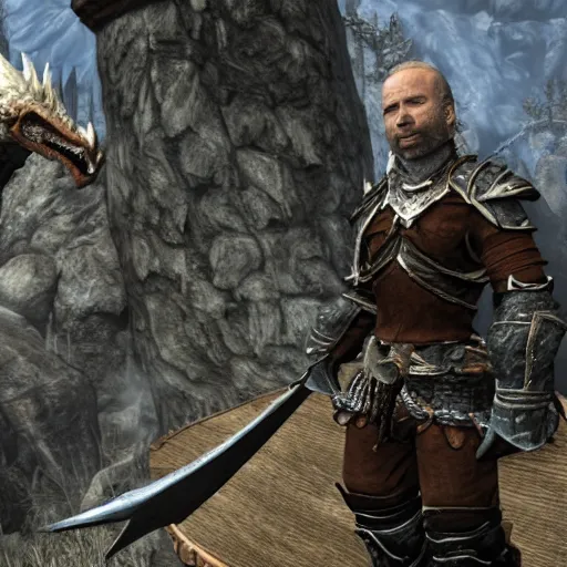 Prompt: joe biden stand with dragon born in skyrim world. 8 k, hd, detailed.