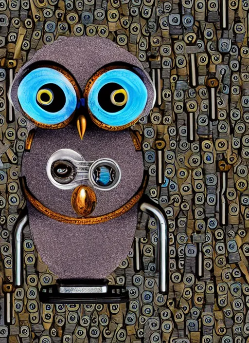 Prompt: colored pencil and pen drawing of an animatronic robot owl, bird made from rusty old keys and padlocks, space background, 8 k photorender realityengine