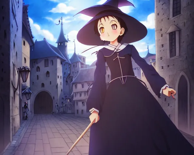 Image similar to ( ( majo no tabitabi ) ), kyoani key anime visual portrait of a young female witch walking through a busy medieval village, dynamic pose, dynamic perspective, cinematic, dramatic lighting, detailed silhouette, anime proportions, perfect anime face ( murata range )