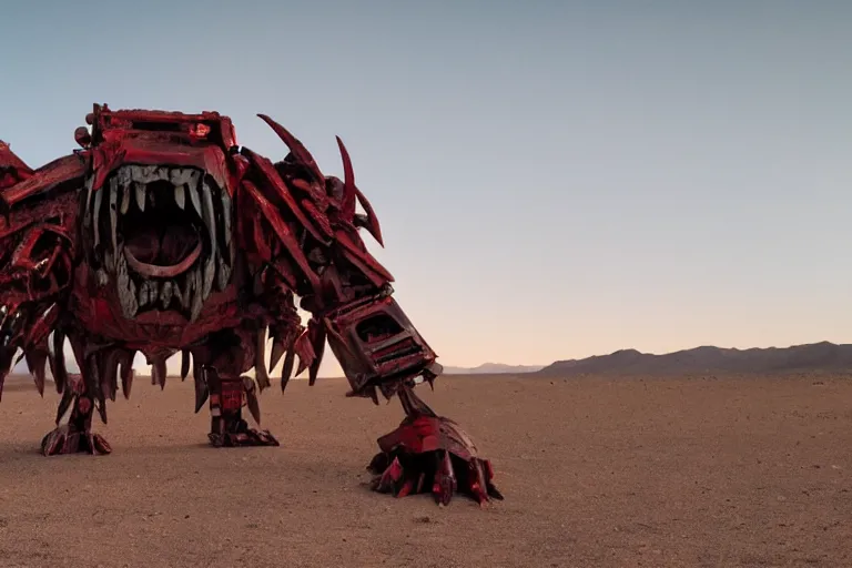 Image similar to a gigantic angry monster made of scrap metal with red eyes, standing in the desert, looking at camera, realism, photo realistic, high quality,