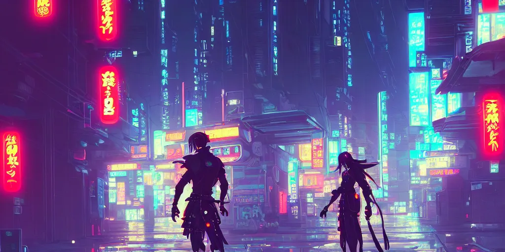 Image similar to digital illustration closeup of cyberpunk samurai in city street at night by makoto shinkai, ilya kuvshinov, lois van baarle, rossdraws, basquiat | afrofuturism, in the style of hearthstone, trending on artstation | cool color scheme