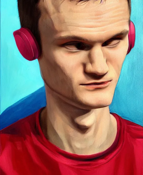 Image similar to vitalik buterin in headphones. vitalik buterin, close up, perfect symmetric face, coherent eyes, cute beautiful face, fine details., 4 k, hans zatska, oil paint