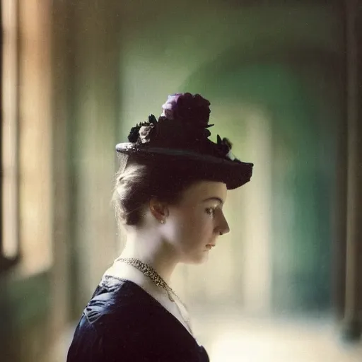 Prompt: A beautiful portrait of a lady, victorian, '20, ominous, depth of field, bokeh, irwin penn, soft light, cinematic