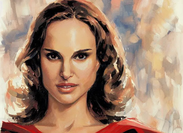 Image similar to a highly detailed beautiful portrait of natalie portman as supergirl, by gregory manchess, james gurney, james jean