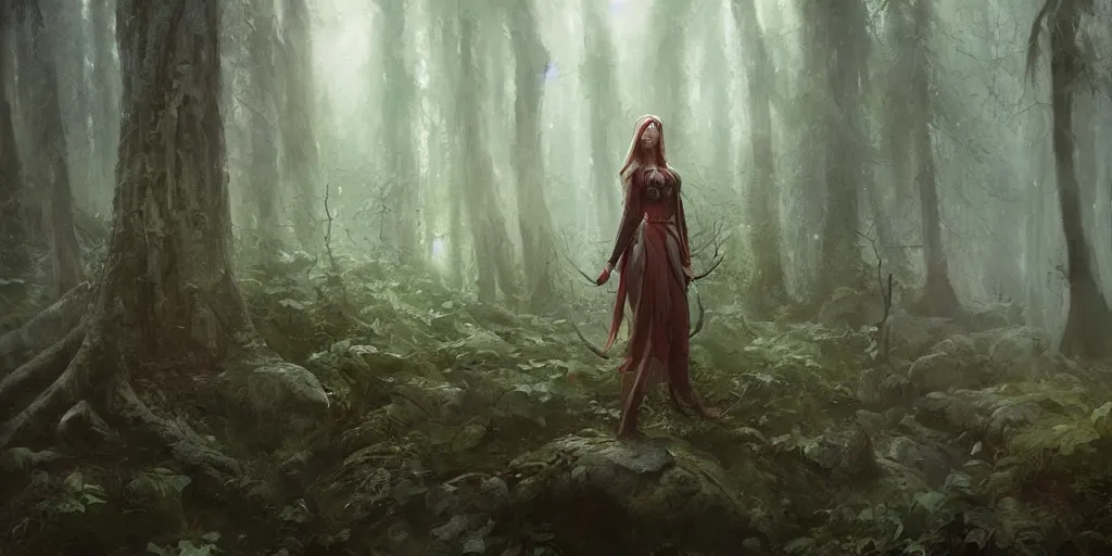 Prompt: close up of a high elf standing in a fairy tale forest, soft lighting, greg rutkowski