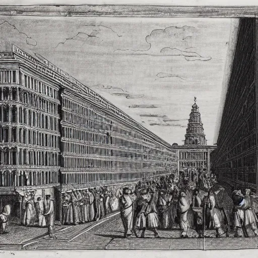 Prompt: the tragicomedy of the renaissance city, urban street scene in linear perspective by sebastiano serlio, line drawing 1 5 3 6, architectural treatise, super detailed