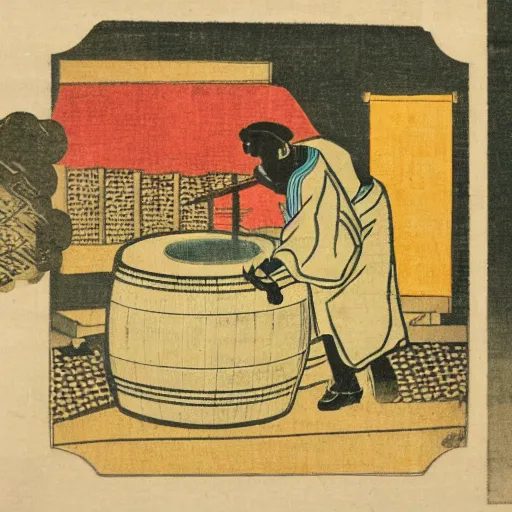 Prompt: Japanese woodblock print of a mazer pouring honey into a barrel