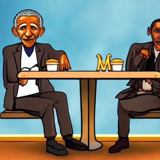 Image similar to Einstein and Obama sitting at McDonalds, ultra detailed, photorealistic, dramatic lighting