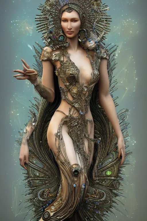 Image similar to a realistic portrait of a beautiful ancient alien woman goddess bella hadid standing in iris van herpen dress jewelery and fractals in style of alphonse mucha art nuvo dmt trending on artstation made in unreal engine 4