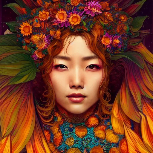 Image similar to East-asian sunflower queen, colorful, surreal, dramatic lighting, face, detailed, intricate, elegant, highly detailed, digital painting, artstation, concept art, smooth, sharp focus, illustration, art by Sam Spratt, Dan Mumford, Artem Demura and Alphonse Mucha