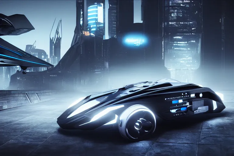 Image similar to cyberpunk batmobile concept inspired sports car, futuristic look, highly detailed body, very expensive, photorealistic camera shot, bright studio setting, studio lighting, crisp quality and light reflections, unreal engine 5 quality render