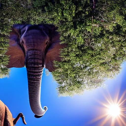 Image similar to An ants view up at an elephant, photograph, 4K, lens flare