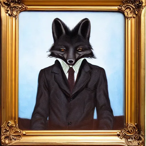 Image similar to portrait of a male anthro anthropomorphic black fox furry fursona with hands on eyes, wearing a suit, 1 9 7 0 s oil on canvas painting, by famous artist jylon denja