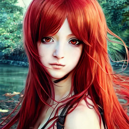 Image similar to a long - red - haired female knight as an absurdly beautiful, elegant, young sensual anime girl, river in background, ultrafine hyperrealistic detailed face illustration by kim jung gi, irakli nadar, intricate linework, sharp focus, bright colors, matte, final fantasy, unreal engine highly rendered, global illumination, radiant light, intricate environment