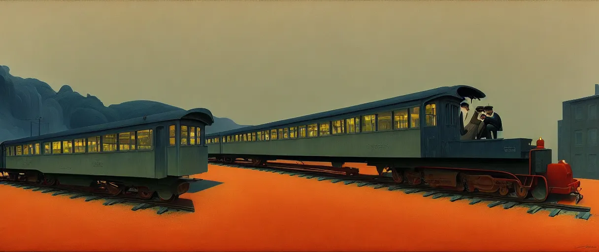 Image similar to train engine, Edward Hopper and James Gilleard, Zdzislaw Beksinski, Mark Ryden, Wolfgang Lettl highly detailed