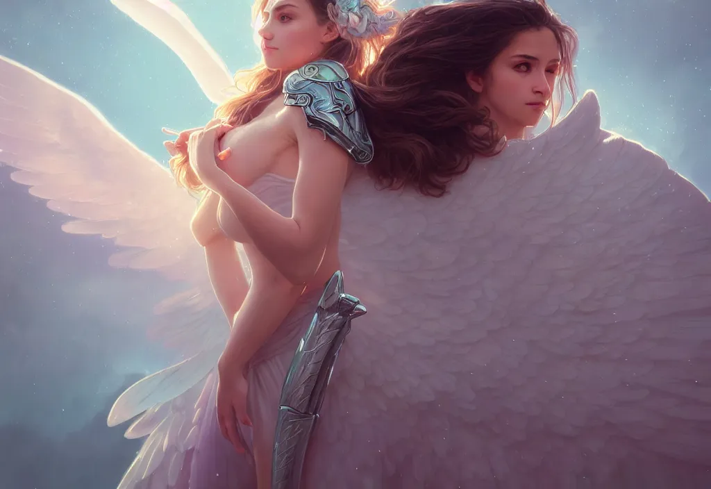 Image similar to one angel, big wings, low key light, full plate armor with cloth, f 1 6, bokeh, extreme close up portrait, gentle, female, mountain, storm, god rays, landscape, d & d, fantasy, elegant, teal pink white gold color palette, concept art, artgerm and greg rutkowski and alphonse mucha