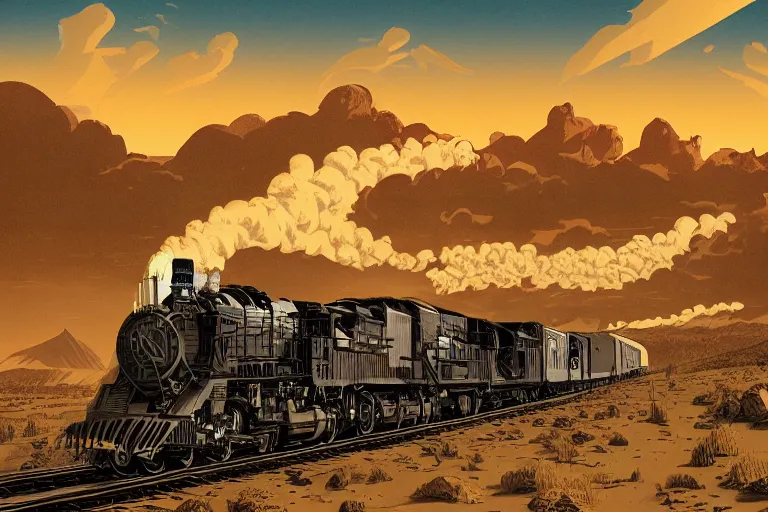 Prompt: old western freight train illustration by joe fenton and syd mead, artstation, 4 k, graphic novel, concept art, matte painting, steam engine spewing billowy white clouds of steam, beautiful idyllic mountain desert sunset background, golden hour