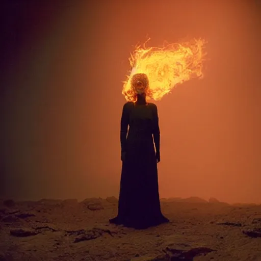 Image similar to The full body shot of beautiful pale woman with white flowers and full-face golden mask inside a thick black smoke in rocky desert landscape, glowing eyes everywhere, burning earth by Gaspar Noe and Christopher Doyle, anamorphic lens, anamorphic lens flares, kodakchrome, cinematic composition, practical effects, award winning photo, 8k