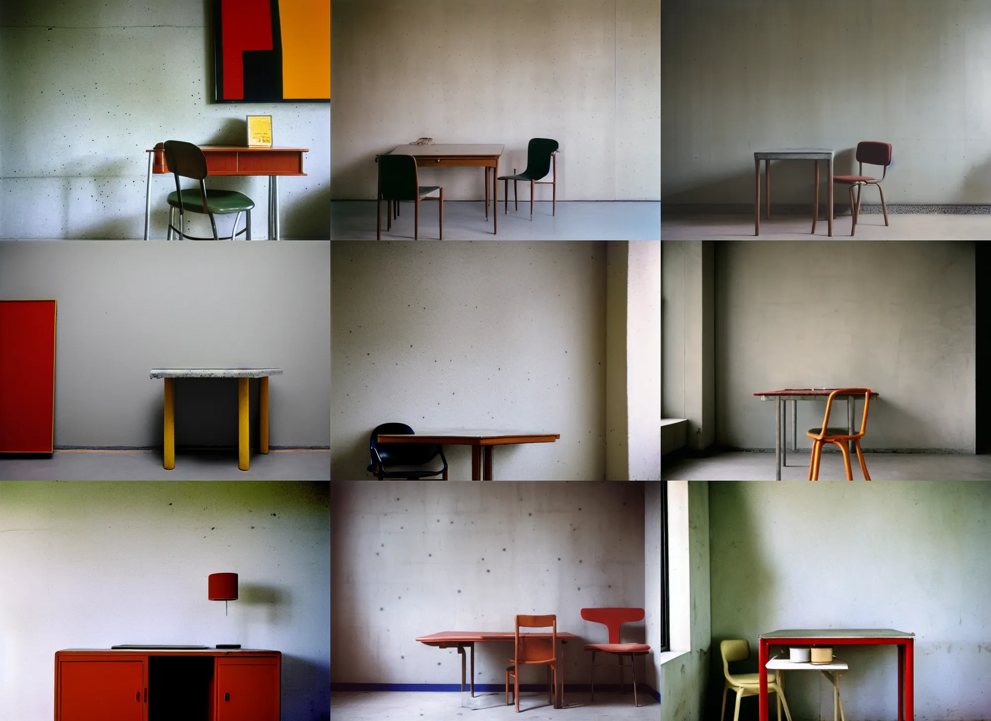 Prompt: kodak portra 4 0 0, 8 k, wide shot of a highly detailed, britt marling style, award winning colour still - life portrait of a large minimalistic room with rough concrete walls, a square picasso painting, a square wall picture, a 1 9 5 0 s table, a 1 9 5 0 s chair