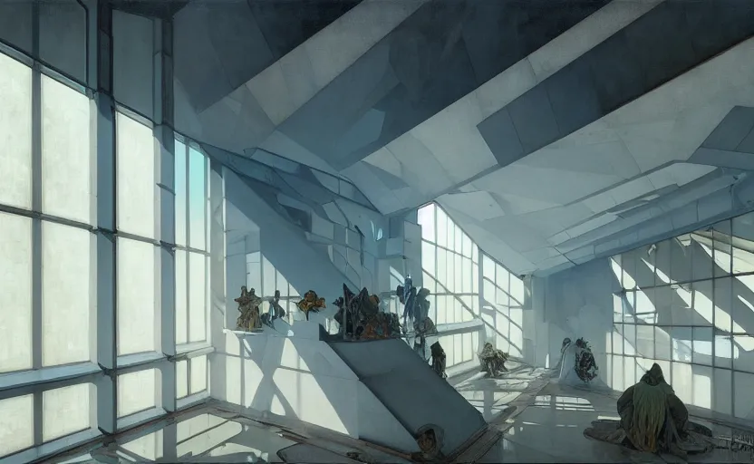 Prompt: painting of interior shot of a white concerete brutalist contemporary art museum by darek zabrocki and greg ruthkowski, alphonse mucha, cinematic and blue cold atmospheric, archillect concept art, artstation, trending on artstation