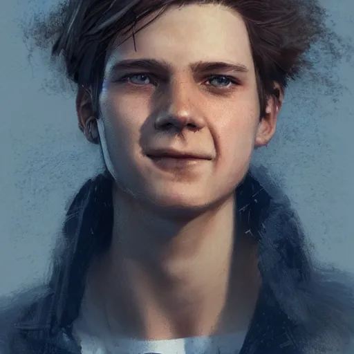 Image similar to portrait of a very masculine teenage girl with blue eyes and brown hair, short men's haircut, smiling, wearing an oversized sweater, dramatic lighting, illustration by Greg rutkowski, yoji shinkawa, 4k, digital art, concept art, trending on artstation