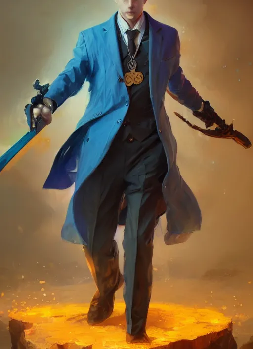 Prompt: blonde man in a blue suit with medals on it wielding a sword and pistol, fantasy, digital painting, d & d, character by artgerm and ruan jia, landscape by greg rutkowski, volumetric light, intricate, sharp, focus, bloom, illustration, highly detailed, concept art, masterpiece