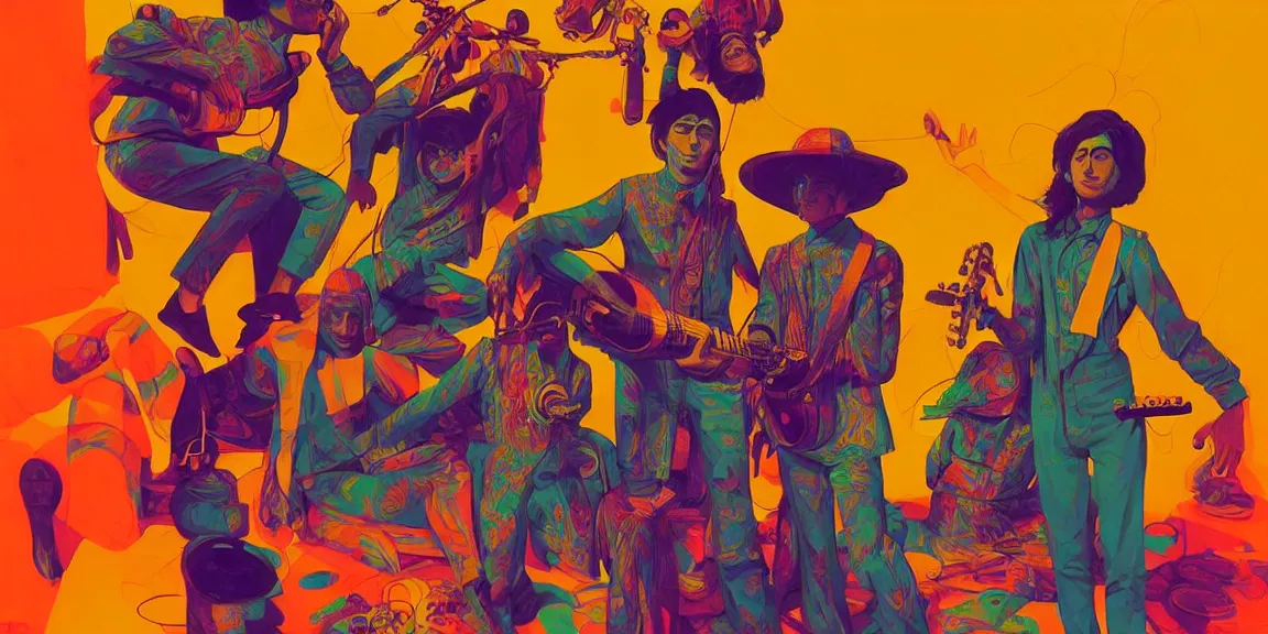 Image similar to duotone trippy 1 9 6 0 s lsd concept illustration of psychedelic hippy musicians. volumetric lighting. golden ratio accidental renaissance. by sachin teng and sergey kolesov and ruan jia and heng z. graffiti art, scifi, fantasy, hyper detailed. octane render. concept art. trending on artstation.