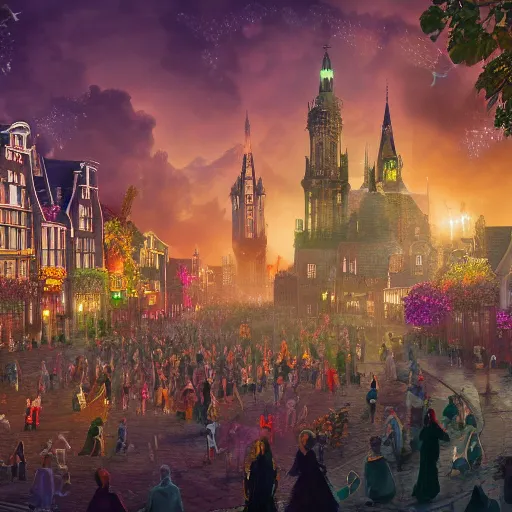 Prompt: A bustling magical town, witches and black cats are dancing around a colorful music festival, the large academy of magic and science can be seen towering in the distance, inspired by Victorian England and Amsterdam, highly detailed, digital painting, artstation, concept art, matte painting, octane render, 8k, unreal engine