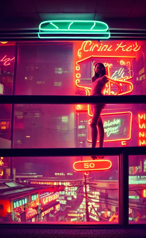 Image similar to vertical movie frame portrait of girl in 5 0's retro restaurant interior, neon - decorated urban on night in the city seen through the window, modern interior design, architectural design, vintage, night blade runner, dark, postapocalyptic, clean lines, 4 k, octane, asian futuristic city at distance, big windows, octane, wide angle