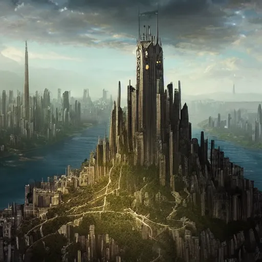 Image similar to an ultra detailed matte painting of a lonely and impossibly tall ominous dark tower elevated high above the city, on an isolated plateau island in a river elevated high above the city fortress tower, fantasy capital city, ultrawide lense, aerial photography, volumetric lighting, exquisite detail, 8 k, art by artgerm and greg rutkowski and alphonse mucha