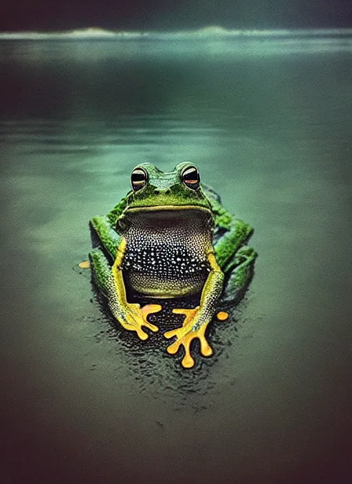 Prompt: “semitranslucent smiling frog amphibian vertically hovering over misty lake waters, frog in Jesus Christ pose, low angle, long cinematic shot by Andrei Tarkovsky, paranormal, eerie, mystical”