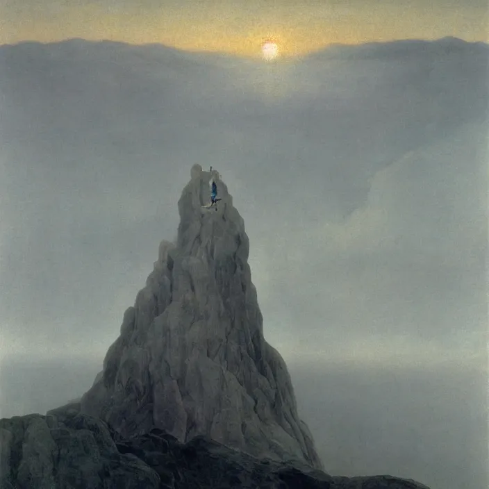 Image similar to shy mountain summit taking a peek through the clouds, fog, with curious eyes. floating spirit in transparent nightgown. painting by caspar david friedrich, yves tanguy, jean delville, rene magritte, max ernst, monet