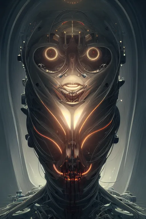 Image similar to professional concept art symmetrical portrait of a horror mechanical nightmare species in a dark room by artgerm and greg rutkowski. an intricate, elegant, highly detailed digital painting, abstraction, concept art, smooth, sharp focus, illustration, in the style of cam sykes.